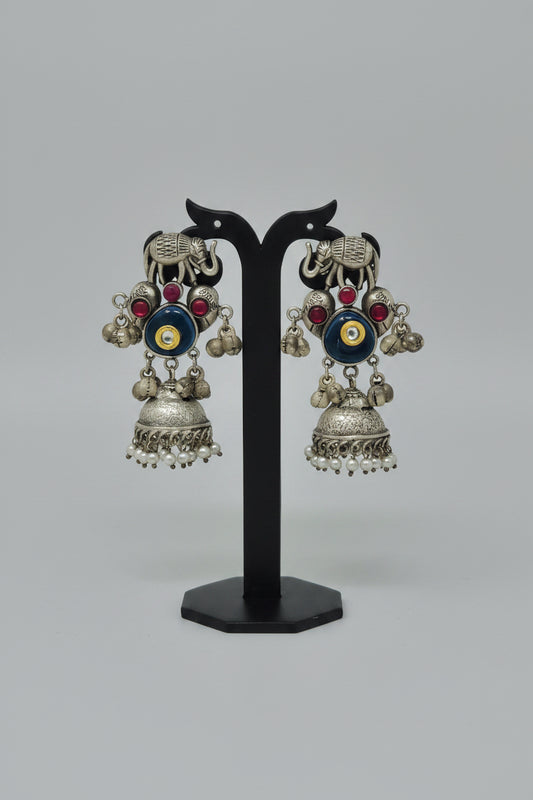 Premium  oxidized silver jhumki earrings with an elephant motif and blue  stone