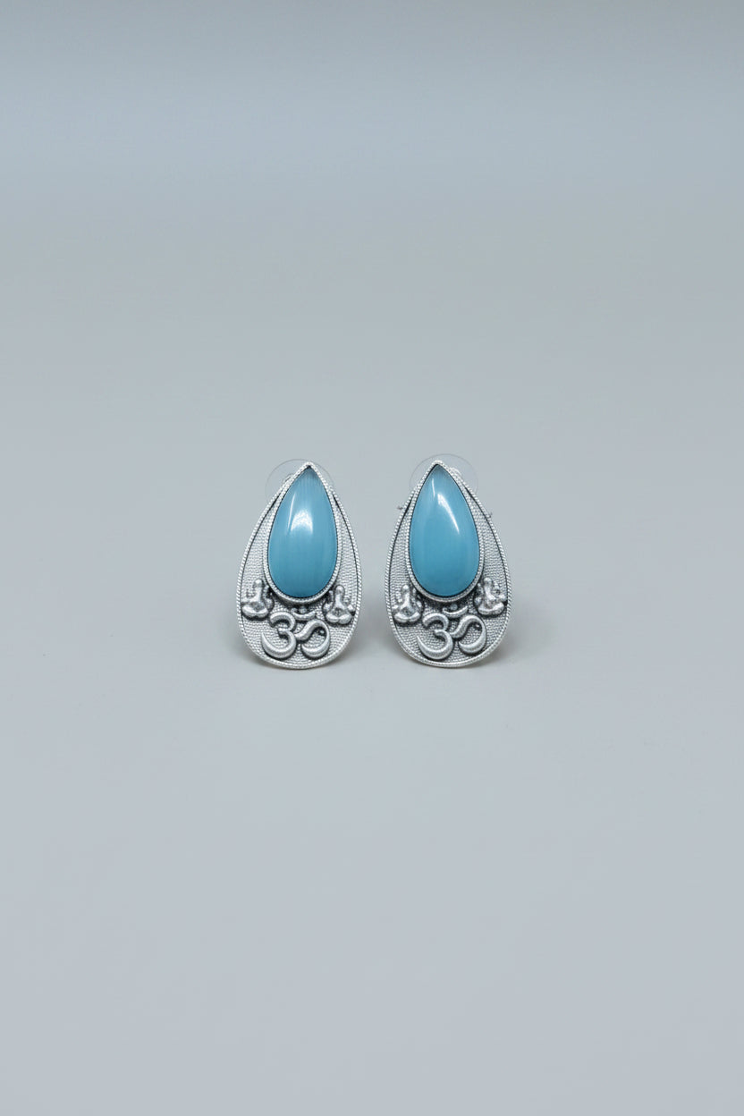 Premium oxidised silver OM teardrop stud earrings with aqua stone.