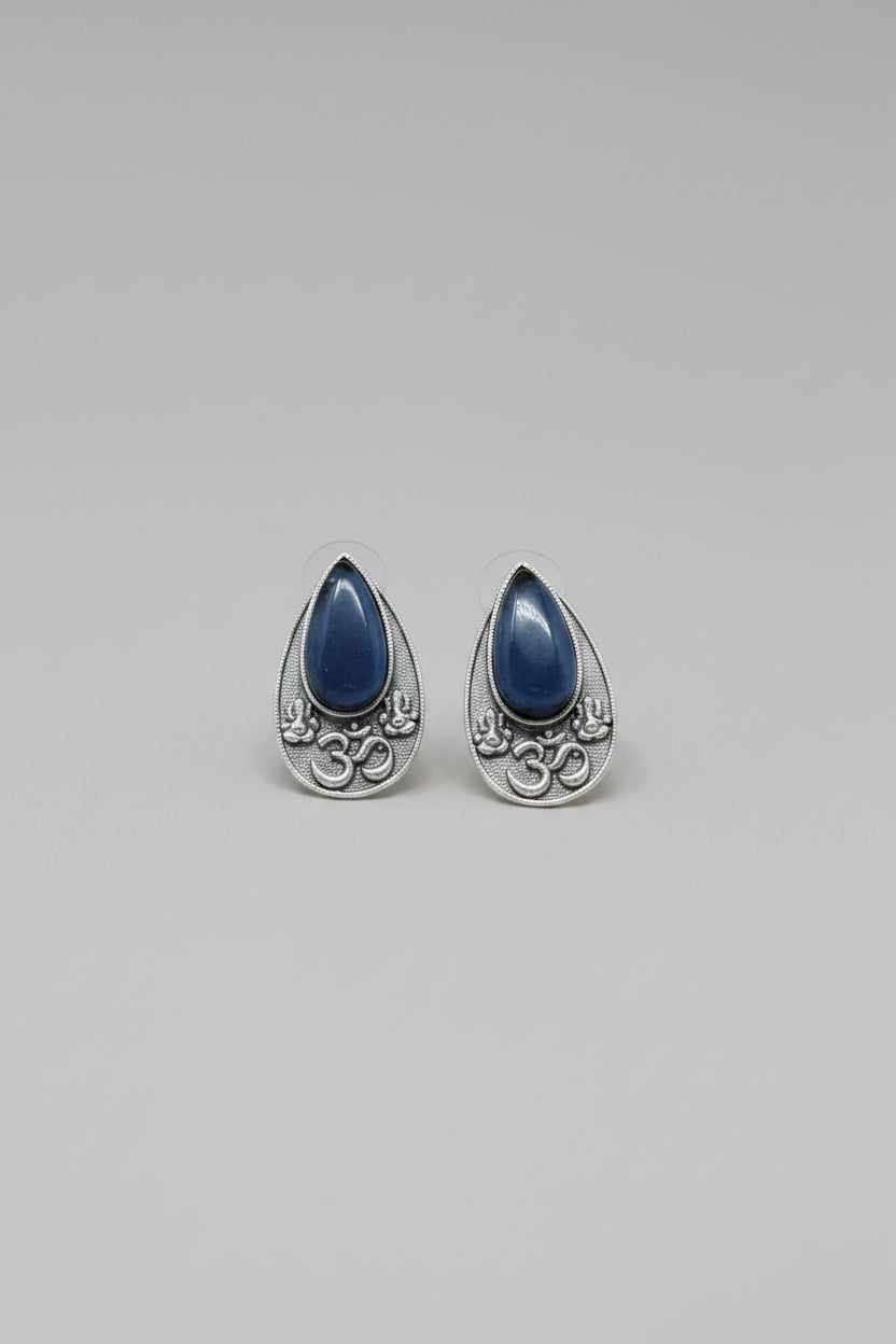 Premium oxidised silver OM teardrop stud earrings with blue stone.