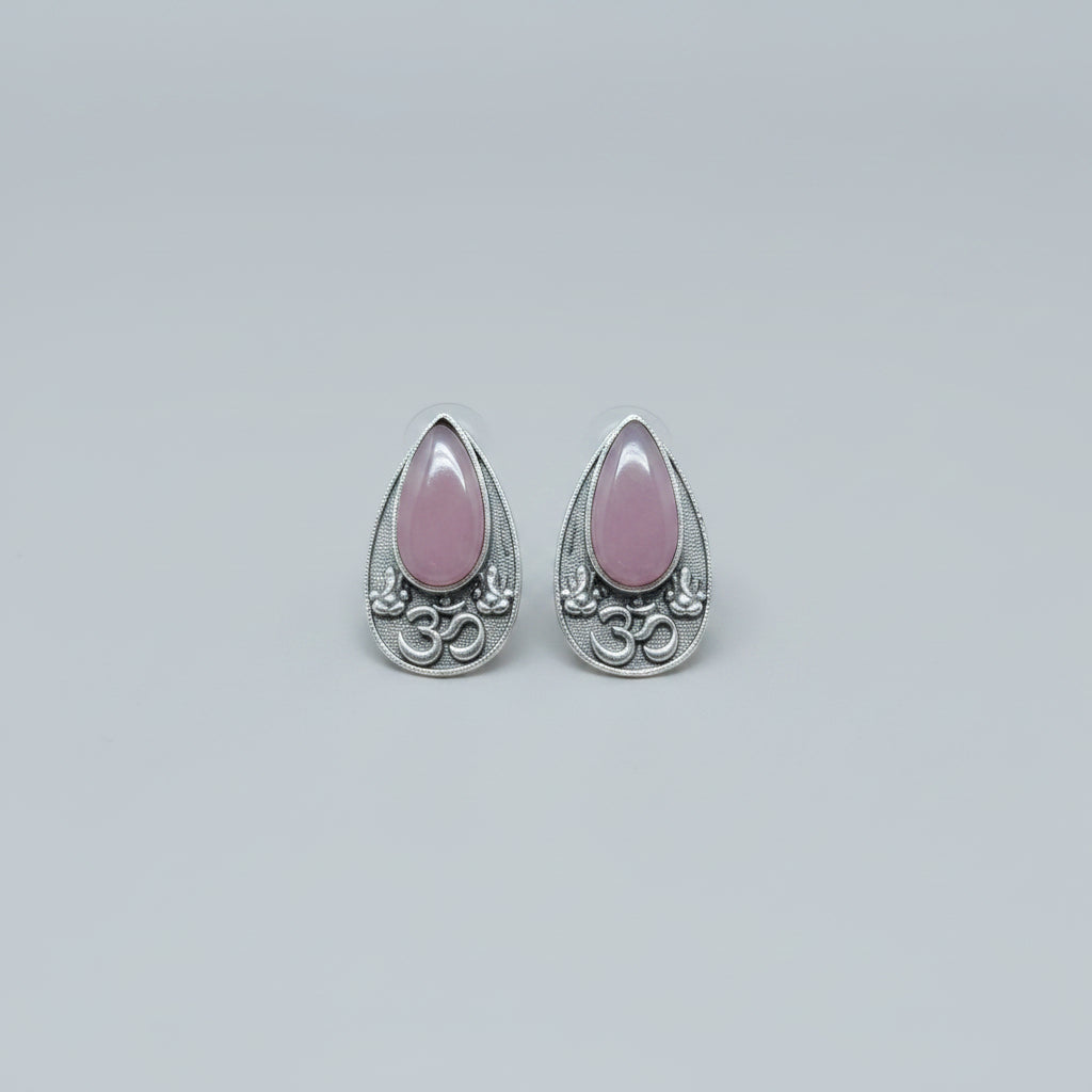 Premium oxidised silver OM teardrop stud earrings with baby pink stone.