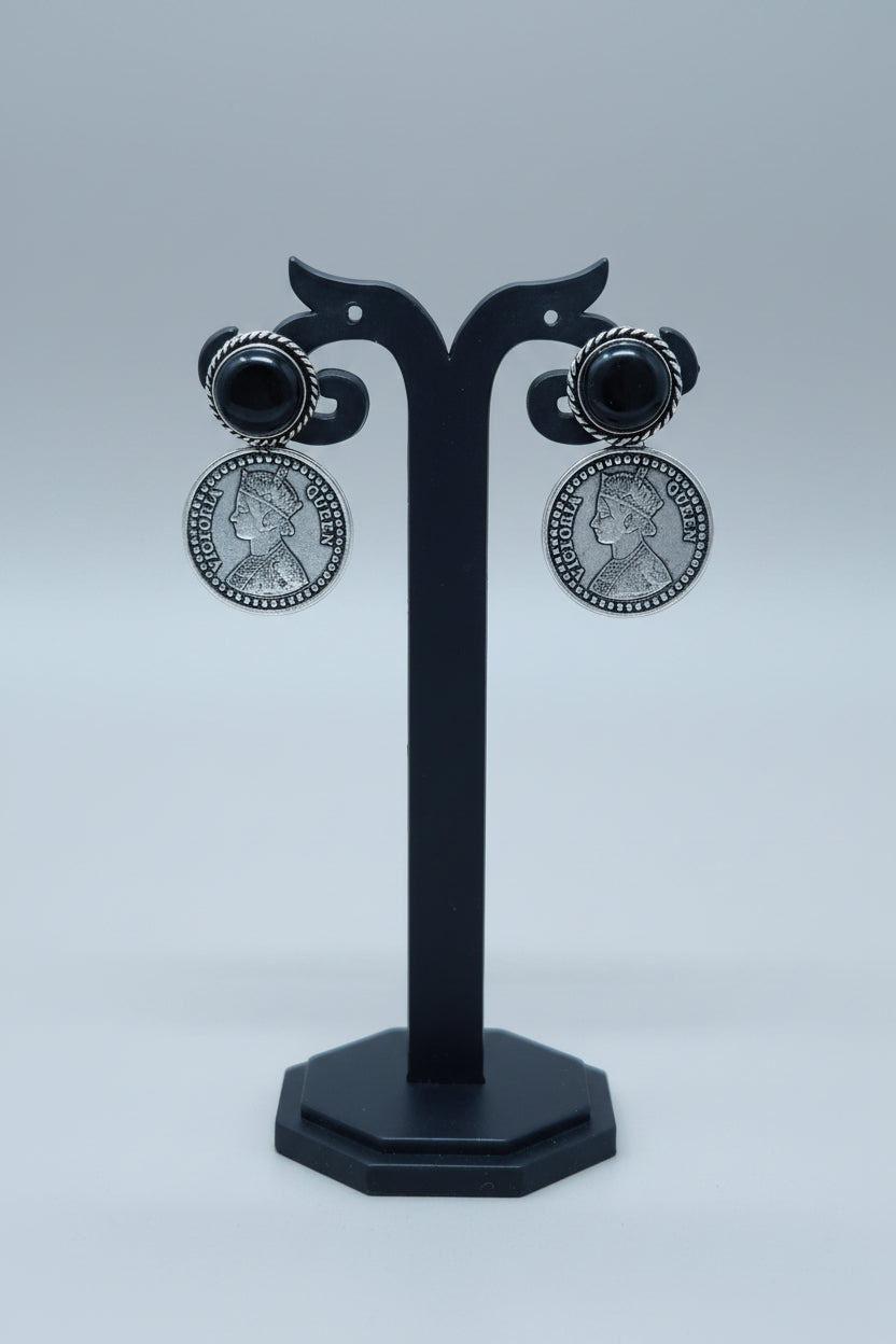 Oxidised Vintage coin drop earring with black gemstone