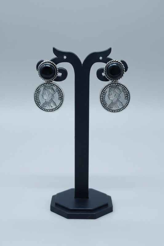 Oxidised Vintage coin drop earring with black gemstone