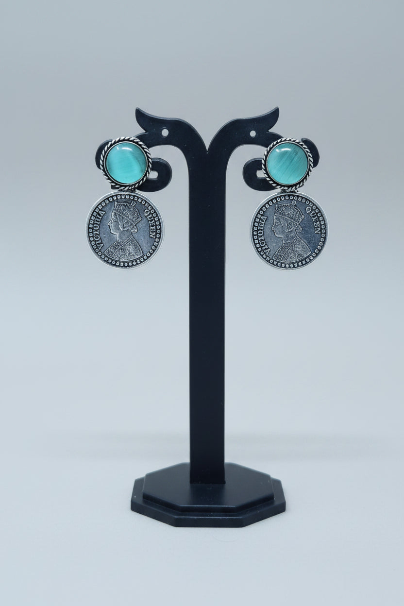 Oxidised Vintage coin drop earring with blue gemstone