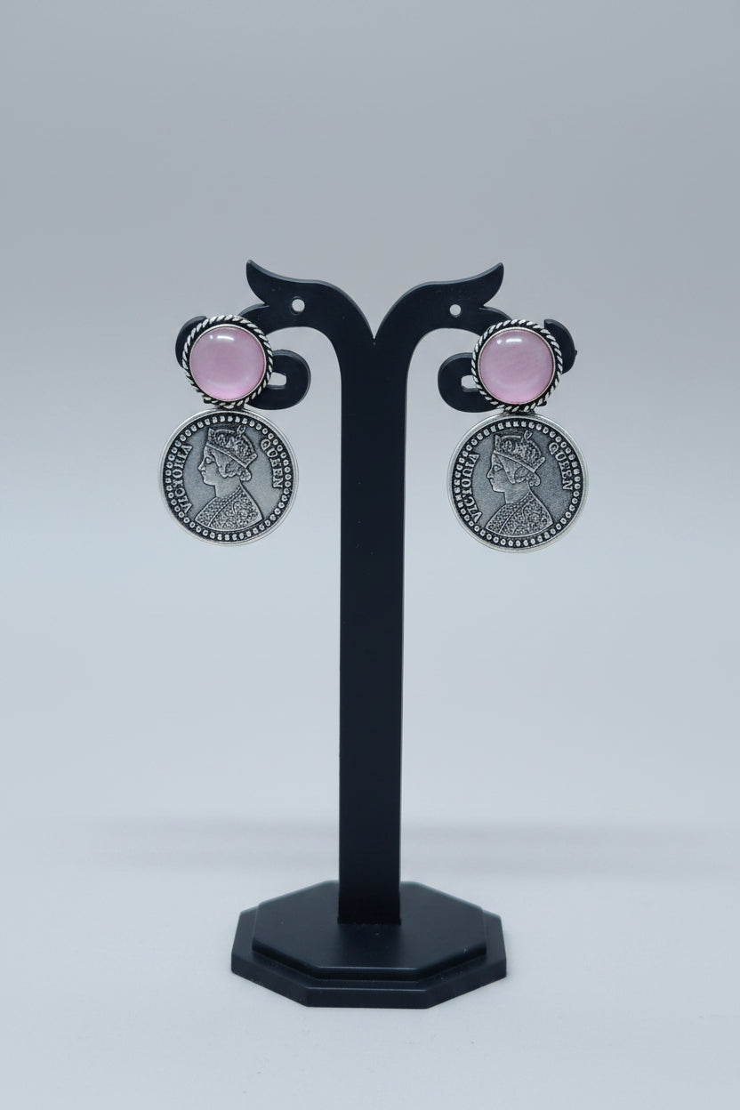 Oxidised Vintage coin drop earring with pink gemstone