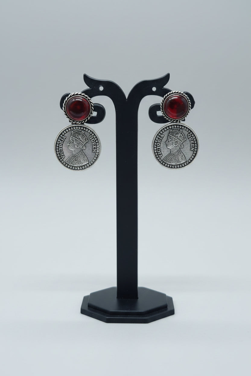 Oxidised Vintage coin drop earring with red gemstone