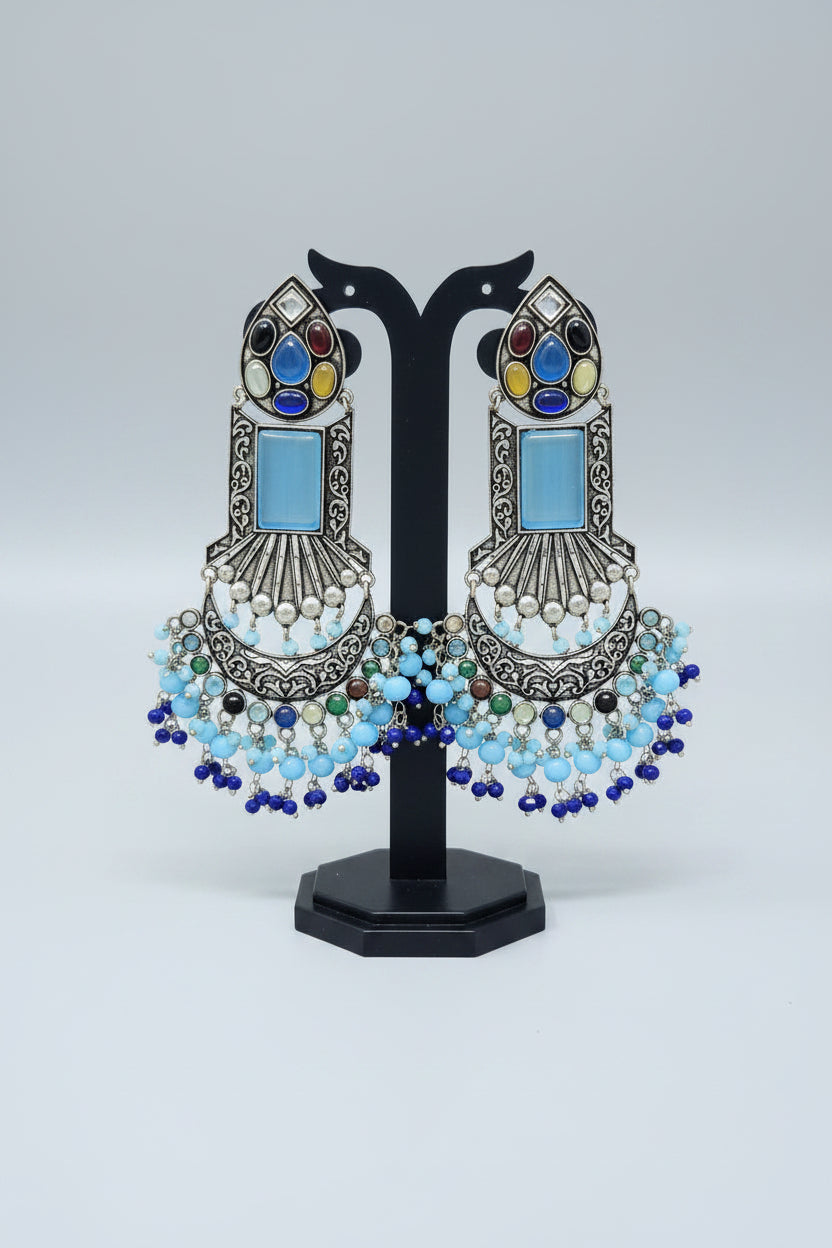 Premium partywear danglers with vibrant multicolor gemstone oxidized silver dangler earrings with blue monalisa stone