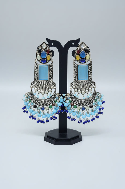 Premium partywear danglers with vibrant multicolor gemstone oxidized silver dangler earrings with blue monalisa stone