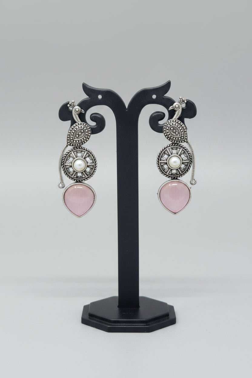 Premium Oxidised silver dangler earring with pearl and pink Monalisa stone
