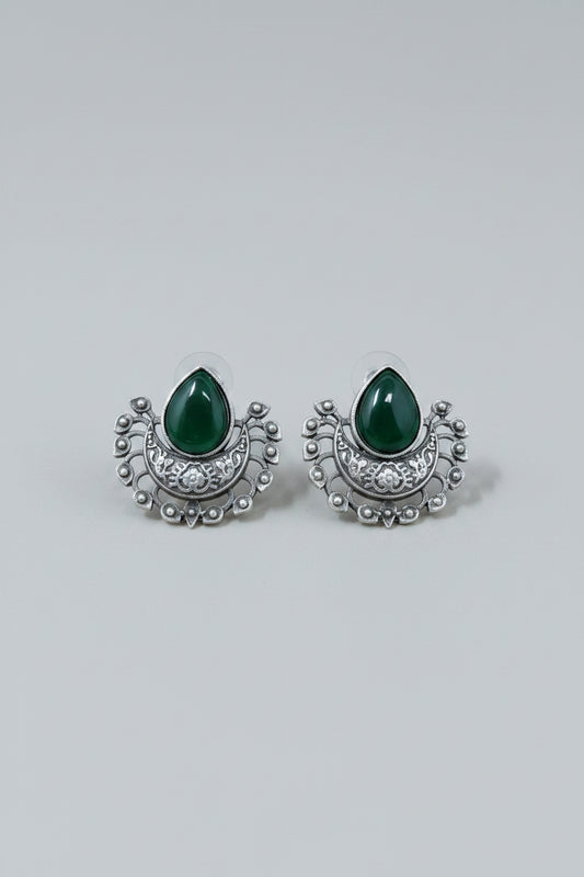Oxidised silver stud earrings with teardrop green gemstones.