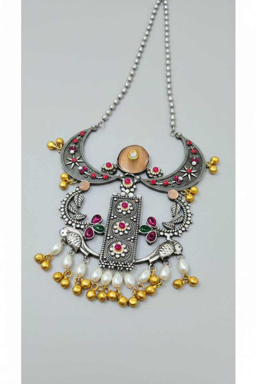 Oxidized Boho Crescent Pendant Necklace Set with ruby stones