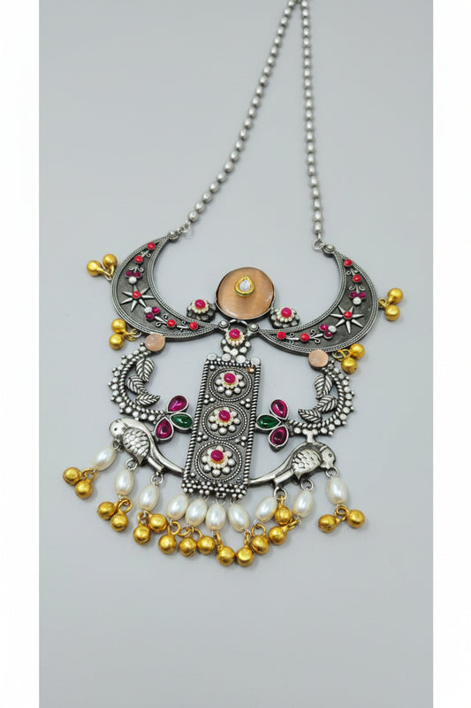 Oxidized Boho Crescent Pendant Necklace Set with ruby stones