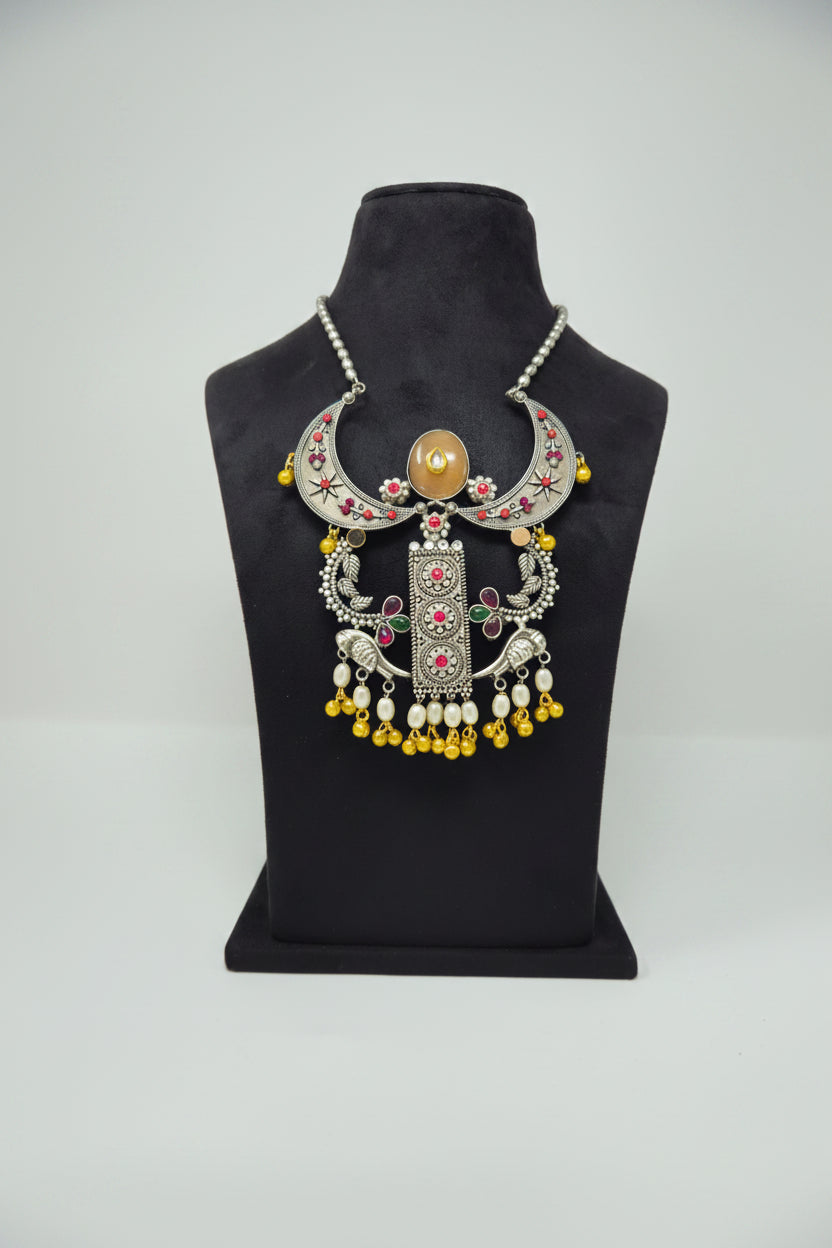 Oxidized Boho Crescent Pendant Necklace Set with ruby stones