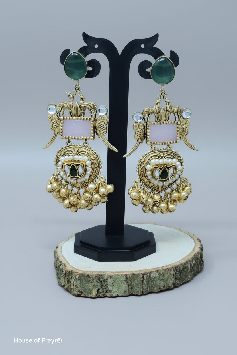 Kashmiri Earrings, gold-tone dangler earrings with deer motif and ghunghroo, pink stone centers, surrounded by pearls and green stone