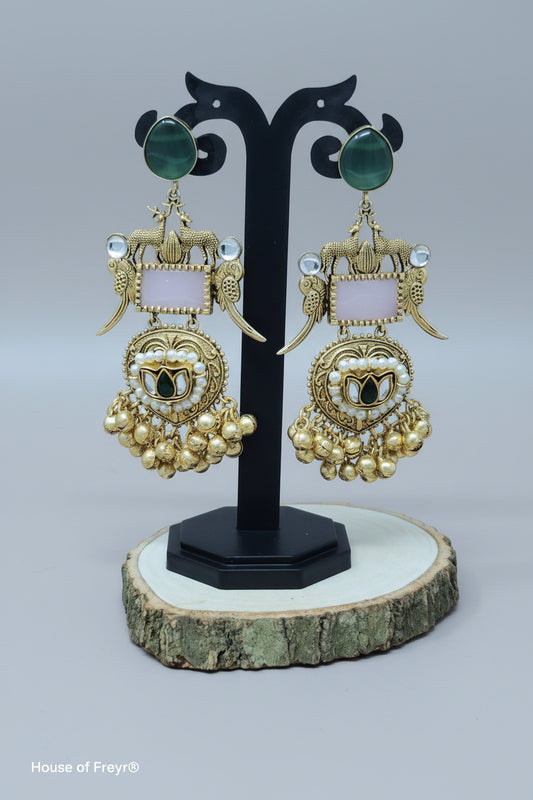 Kashmiri Earrings, gold-tone dangler earrings with deer motif and ghunghroo, pink stone centers, surrounded by pearls and green stone