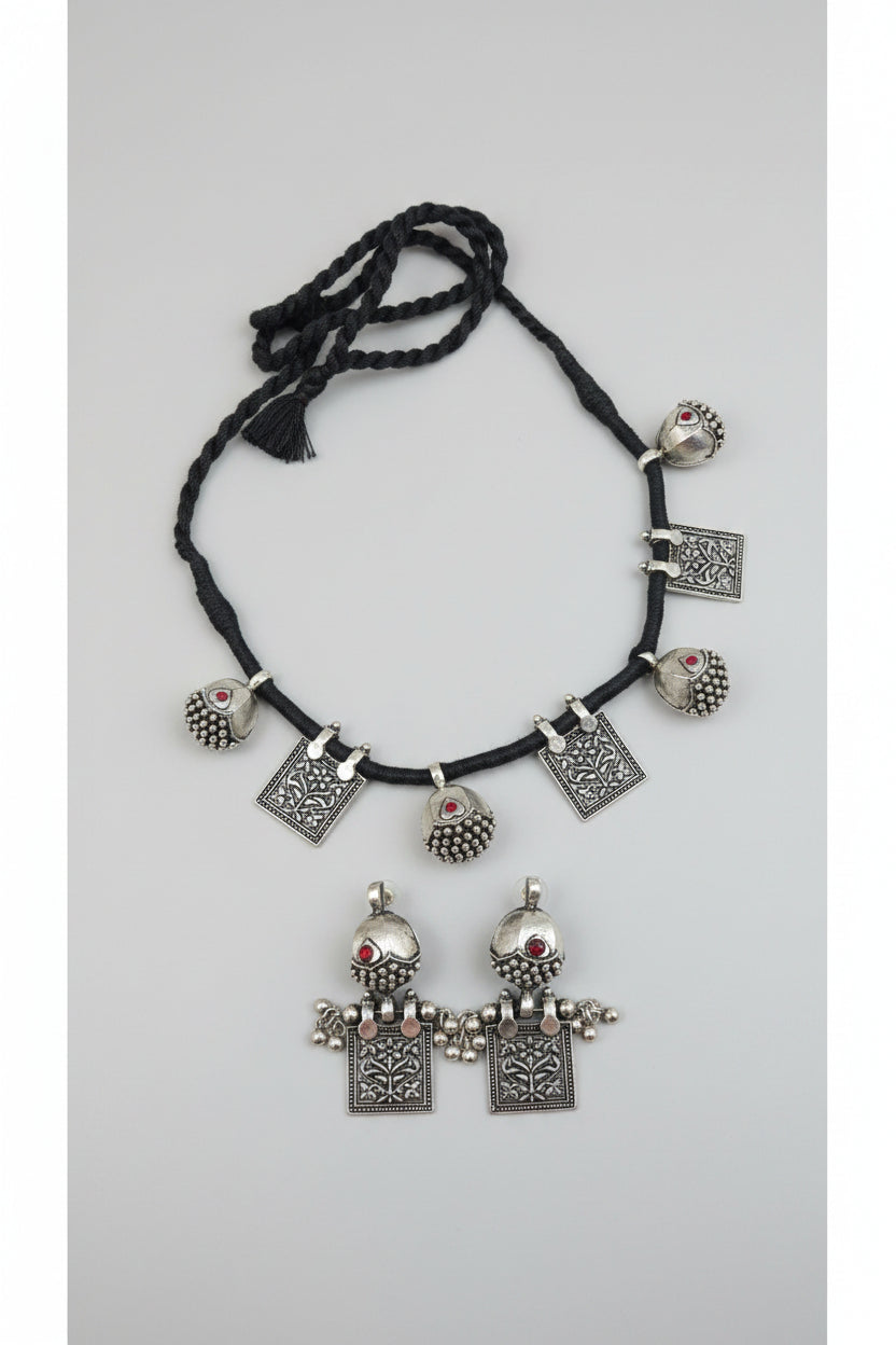 Silver oxidised necklace with decorative pendants