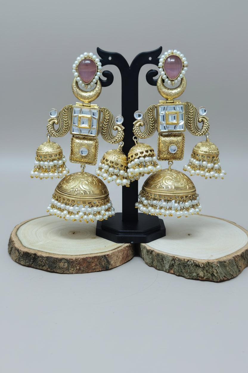 Gold Kundan triple jhumka earring white pachi kundan stone