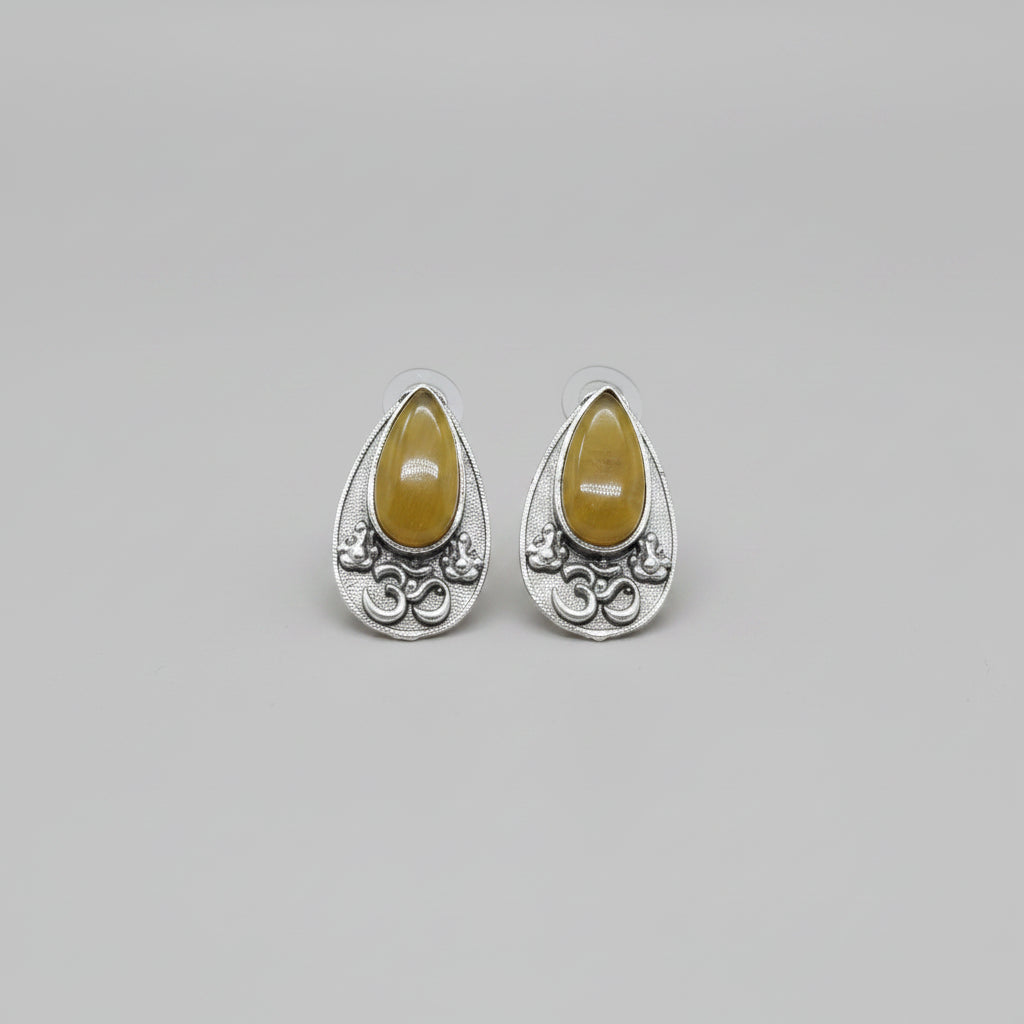 Premium oxidised silver OM teardrop stud earrings with yellow stone.