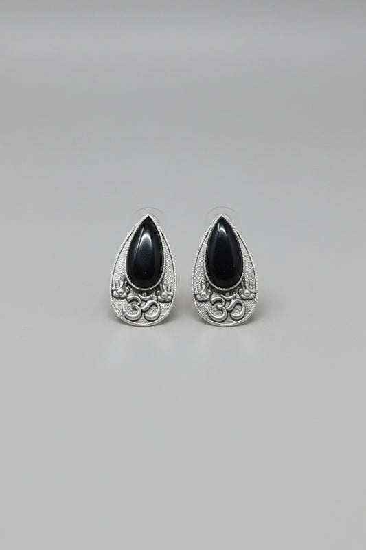 Premium oxidised silver OM teardrop stud earrings with black stone.