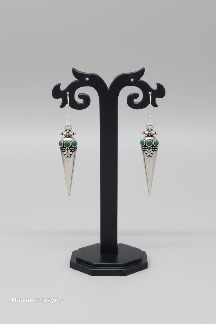 premium oxidised cone-shaped oxidized silver earrings with tribal-inspired detailing and green stone accents