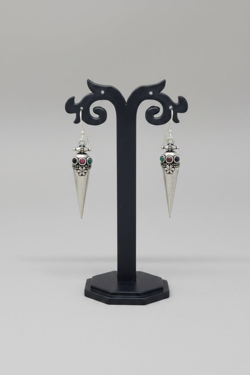 premium oxidised cone-shaped oxidized silver earrings with tribal-inspired detailing and multicolor stone accents