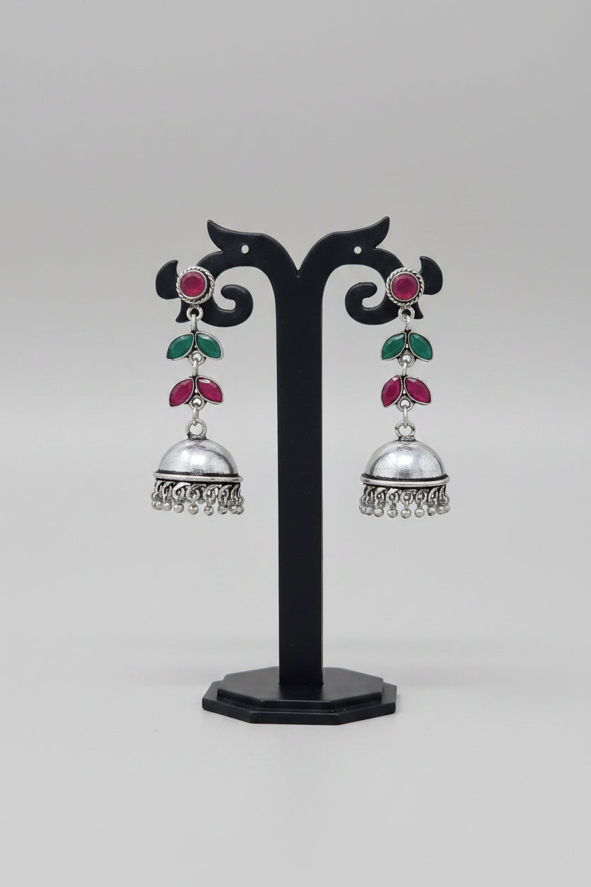 Premium oxidised handmade Silver jhumki earrings with multicolor stones.