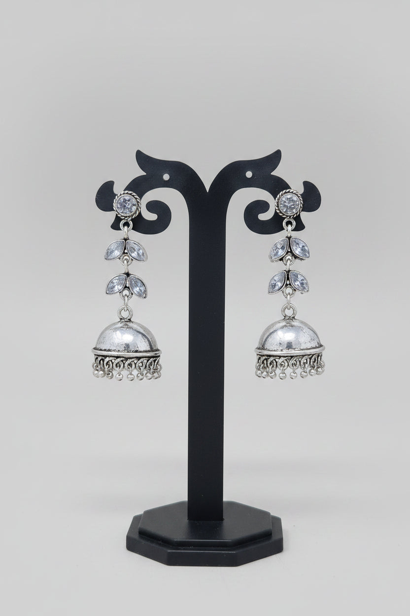 Premium oxidised handmade Silver Jhumki earrings with diamond stones.