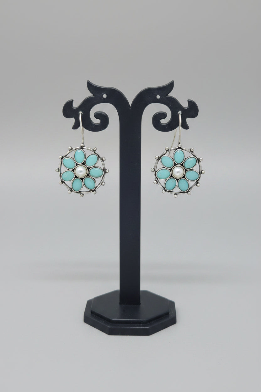 Oxidised Floral drop earring in floral pattern with pearl and turquoise/aqua gemstones