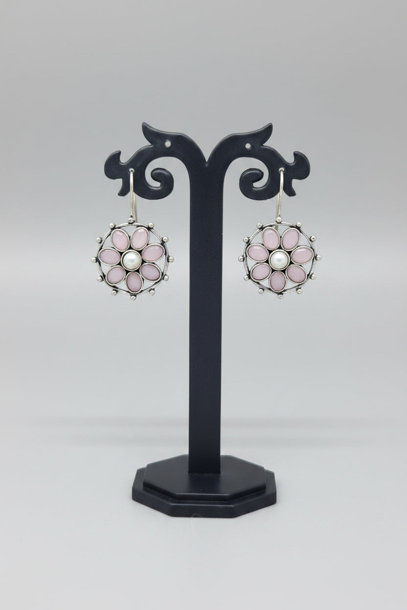 Oxidised Floral drop earring in floral pattern with pearl and pink gemstones