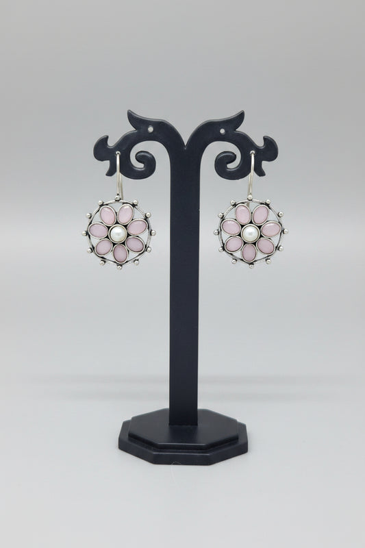 Oxidised Floral drop earring in floral pattern with pearl and pink gemstones