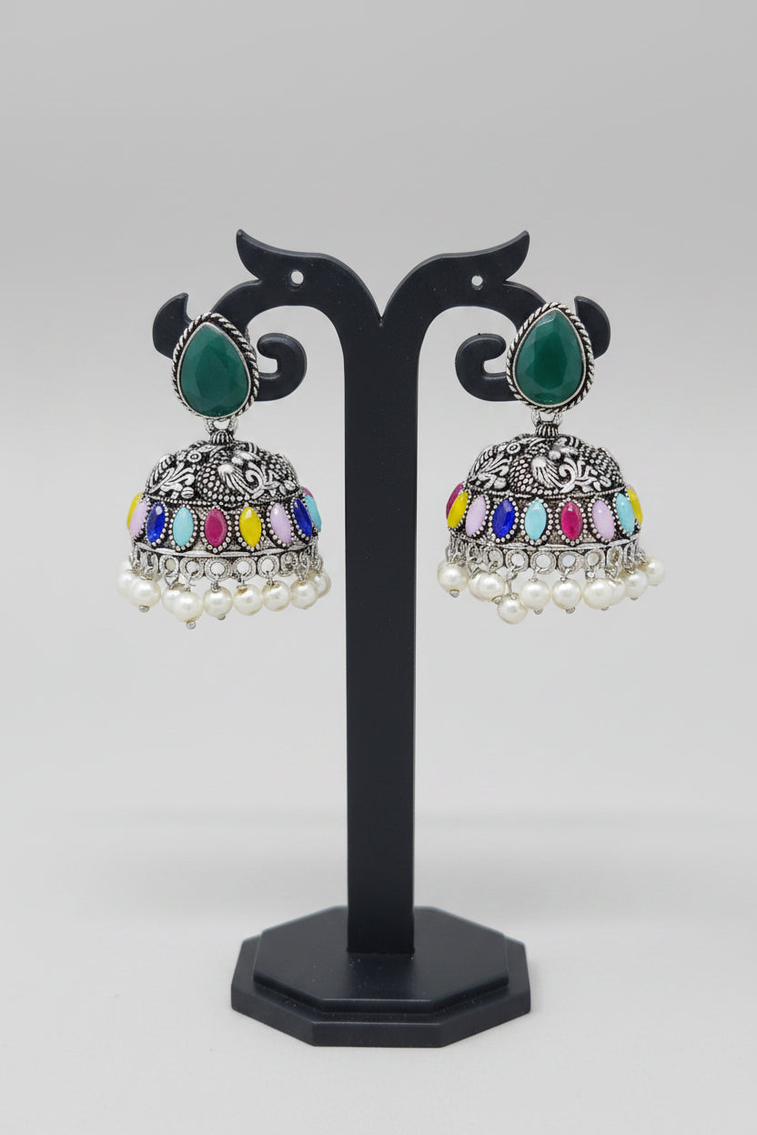 Pair of silver oxidised jhumki earrings with pearls and navratna/multicolor moissanite stone