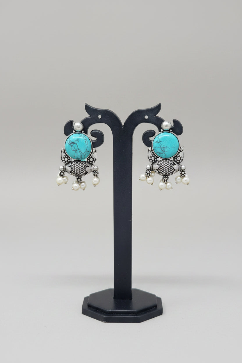 pair of antique oxidised stud earring with turquoise onyx gemstone