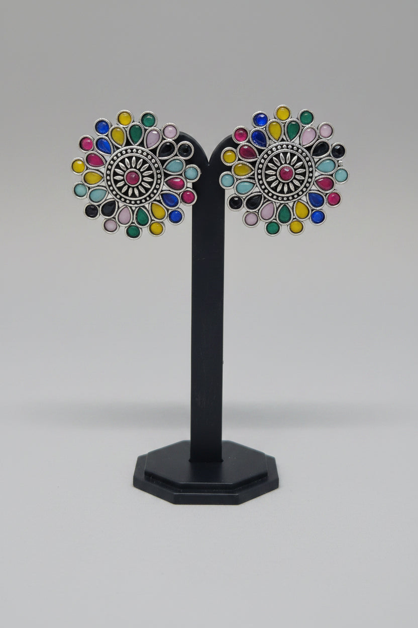 Antique oxidised Silver Sunburst Stud Earrings with intricate oxidized silver work, multicolor semi-precious stones in a teardrop and circular setting.