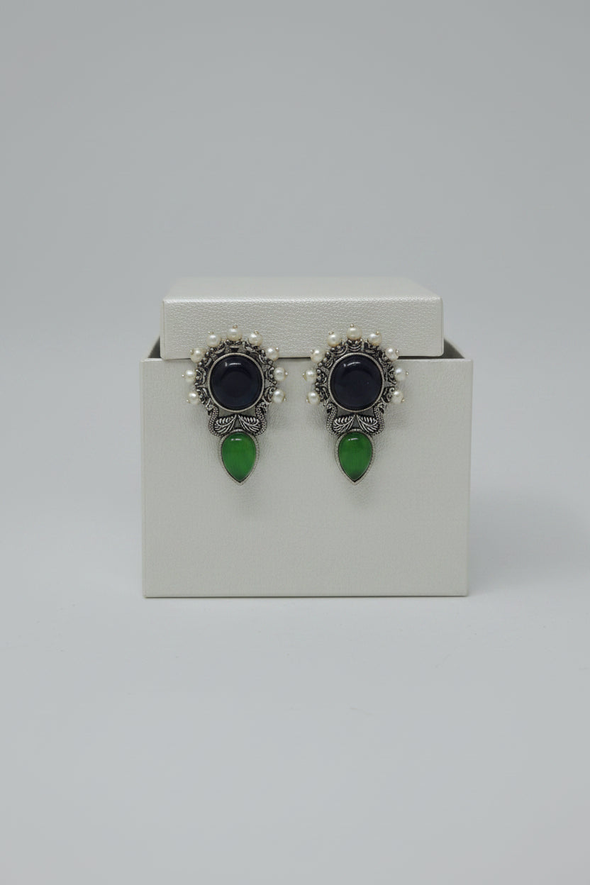 Pair of vintage oxidised stud earrings with green and black stones