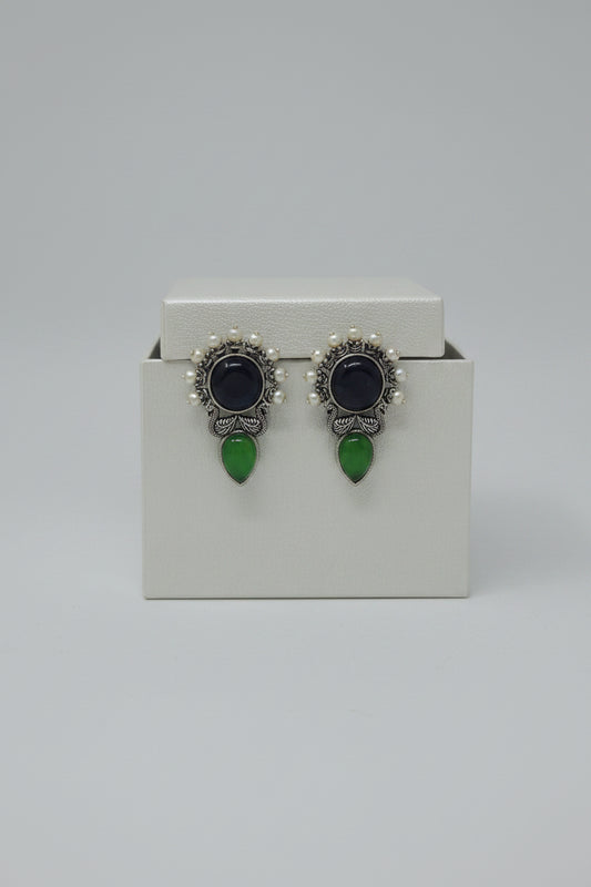Pair of vintage oxidised stud earrings with green and black stones